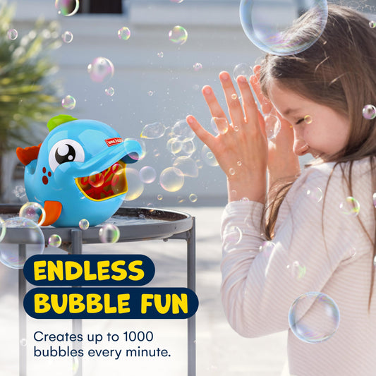 Kidzlane Bubble Dolphin in motion creating large bubbles for parties