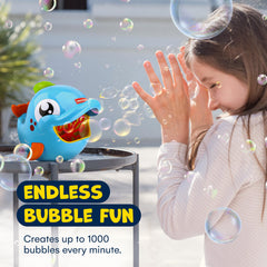 Kidzlane Bubble Dolphin in motion creating large bubbles for parties