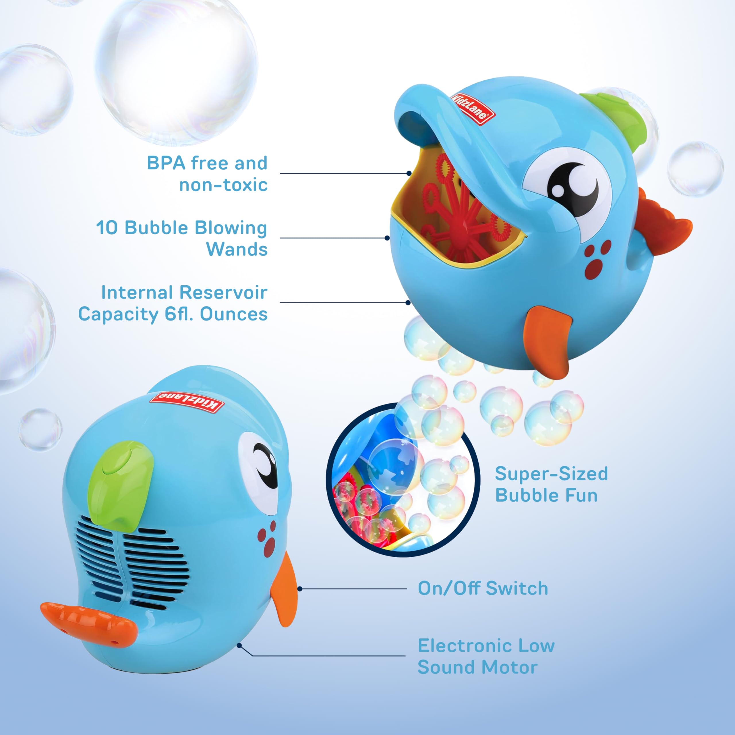 Included solution bottles for extended play with the Kidzlane Bubble Dolphin
