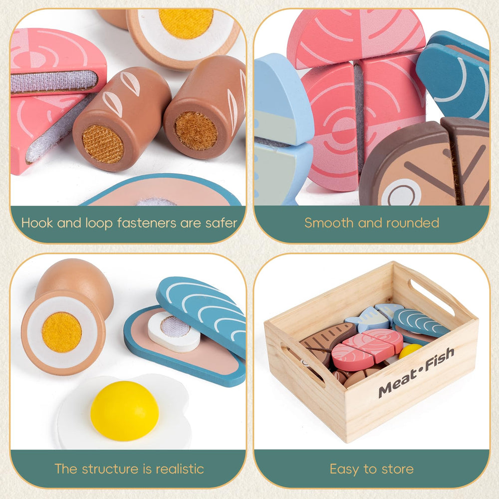 Kienvy bacon wooden play food adds savory realism to pretend meals.