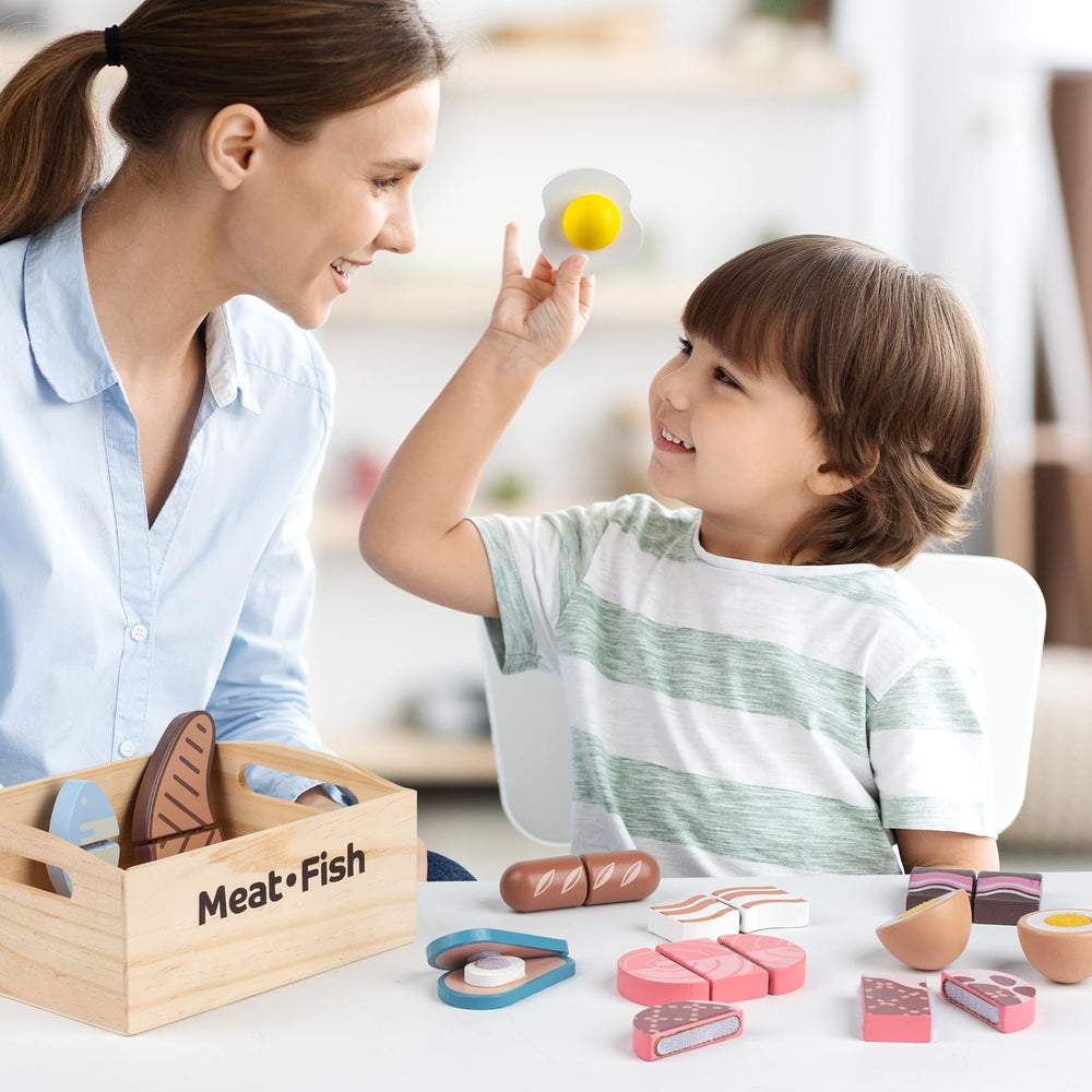 Kienvy fried egg wooden play food offers tactile cutting fun.