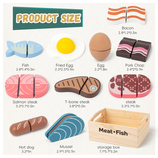 Kienvy salmon steak wooden play food for imaginative kitchen scenes.