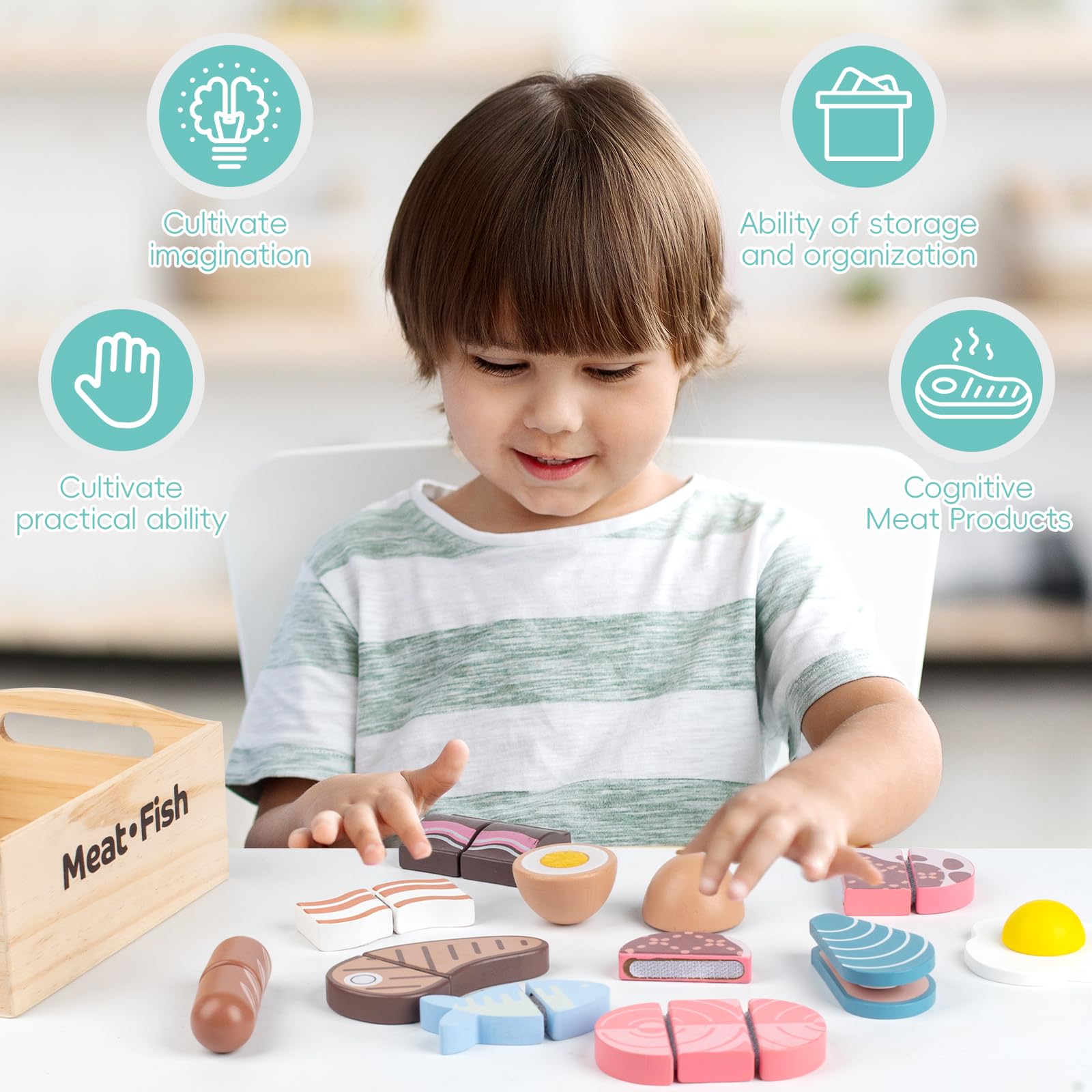 Kienvy steak wooden play food enhances storytelling in pretend dinners.