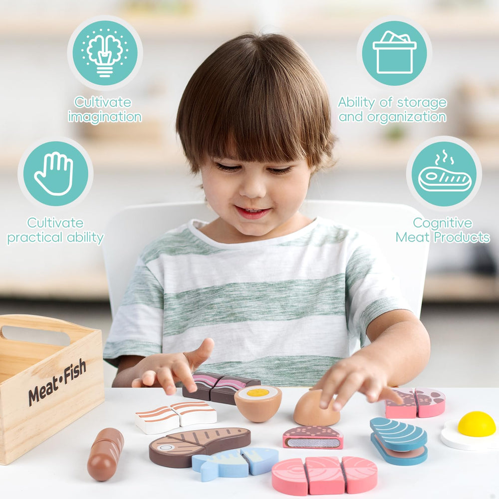 Kienvy steak wooden play food enhances storytelling in pretend dinners.
