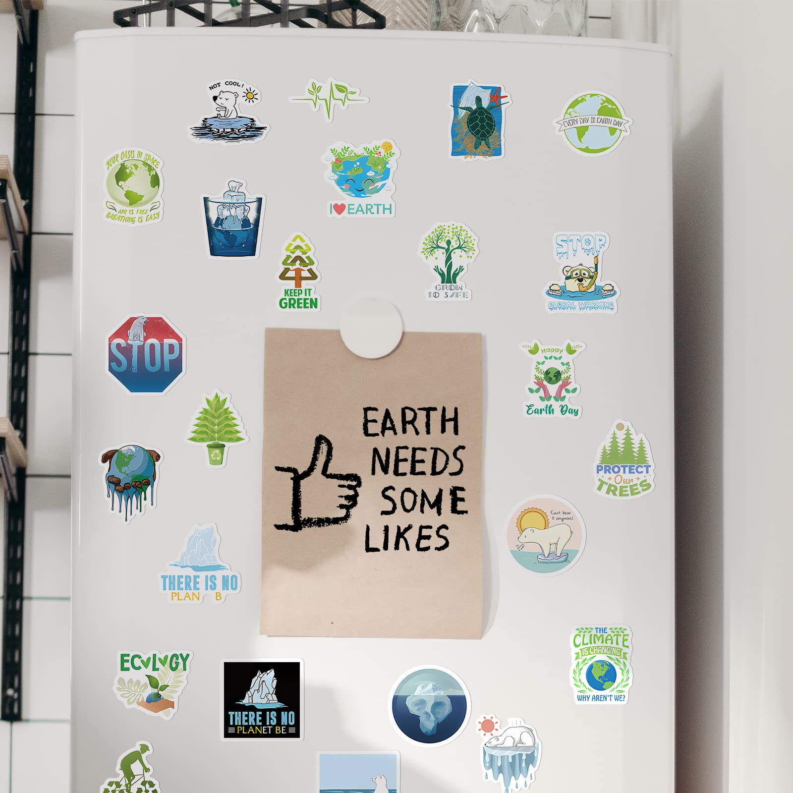 Kigibo Earth Day stickers on a fridge; weatherproof home decor