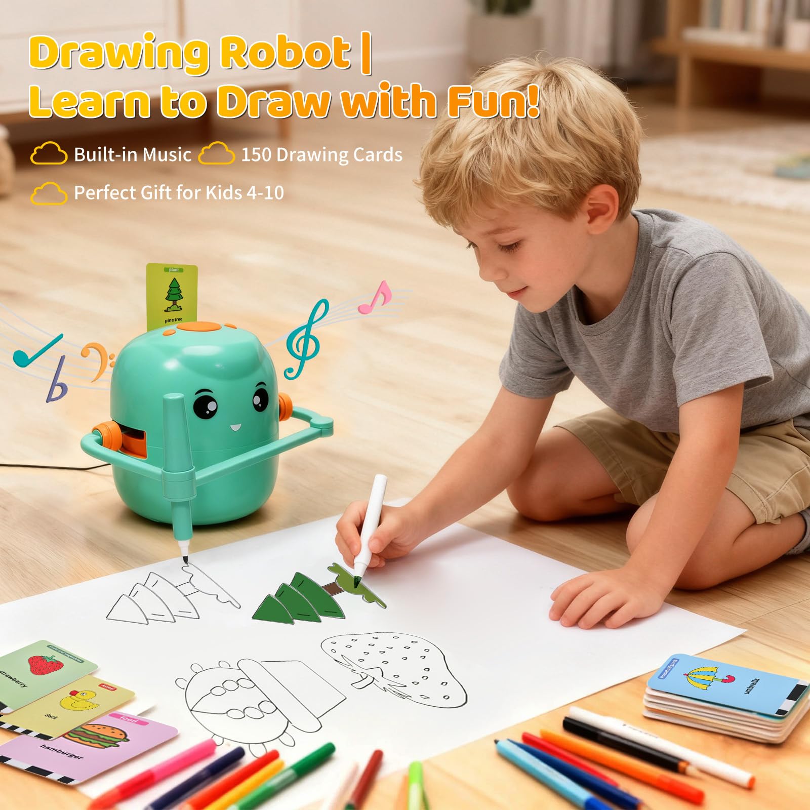 Kignao Drawing Robot green with cards shows guided steps for independent art.