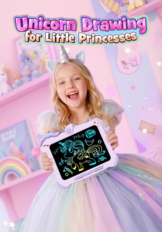 Kikapabi child-doodling-on-colorful-screen showcases eye-friendly high-contrast colors for creativity.