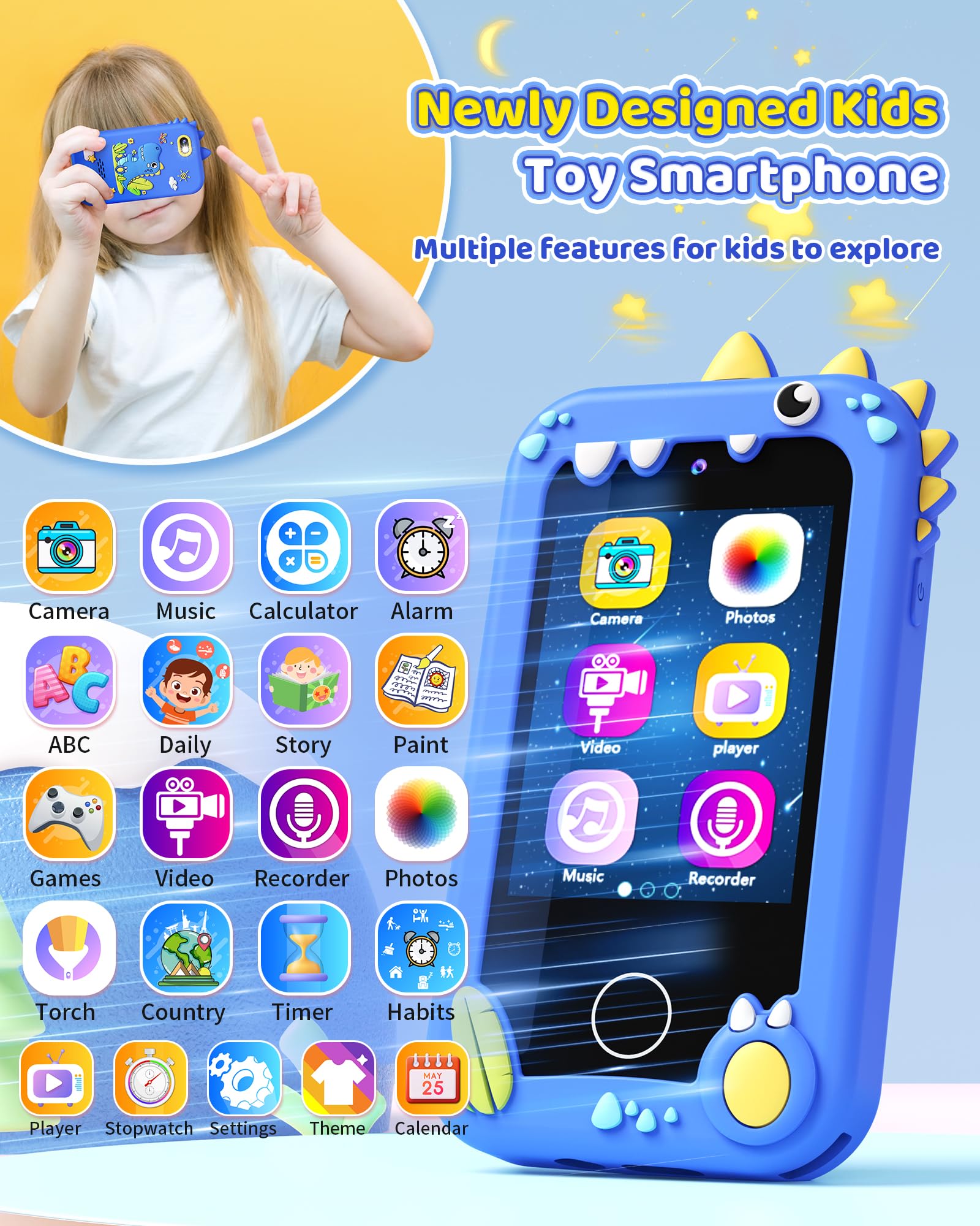 Kikapabi Kids Smart Phone blue side view shows compact, kid-friendly design.