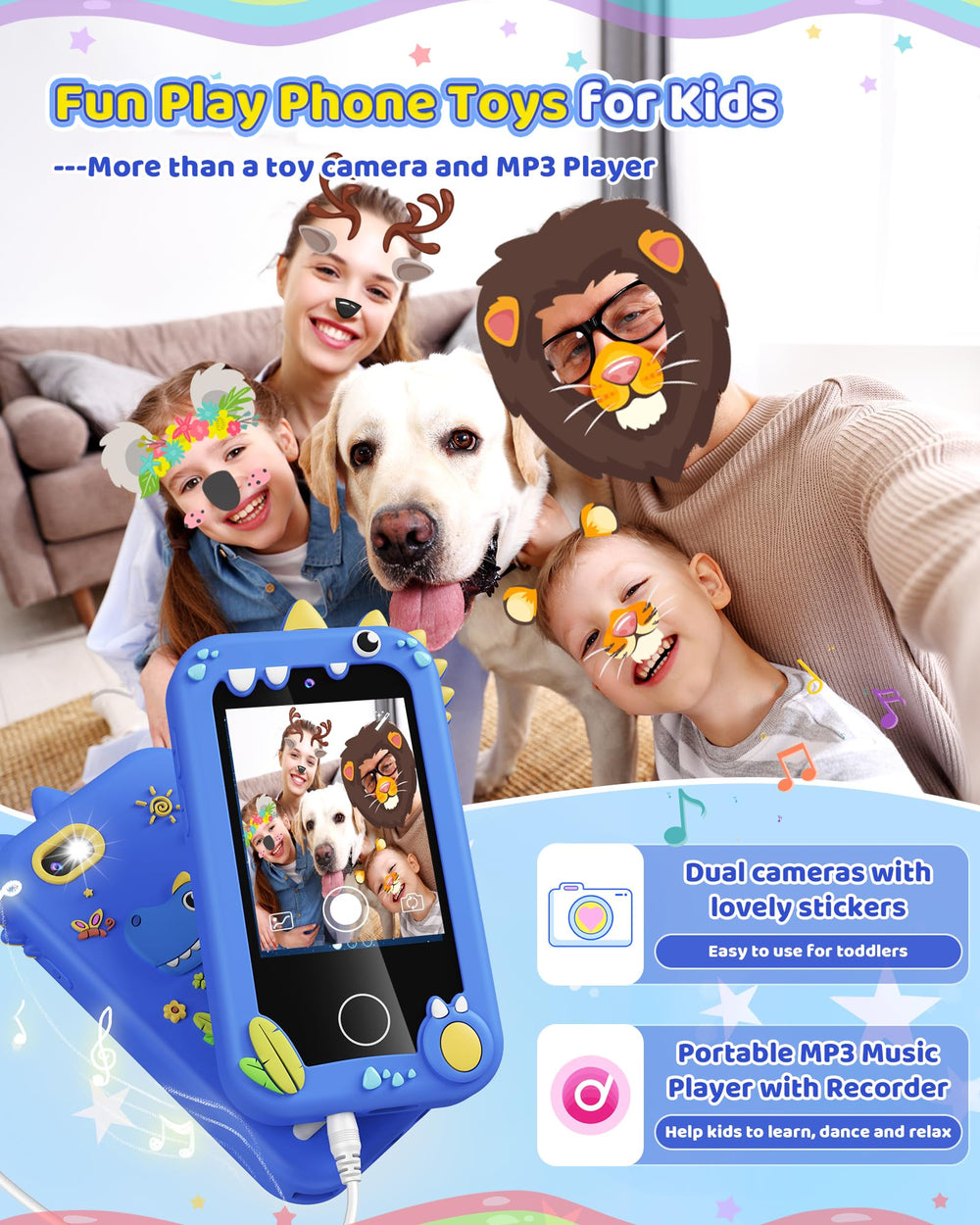 Kikapabi Kids Smart Phone dinosaur screen encourages creative storytelling.