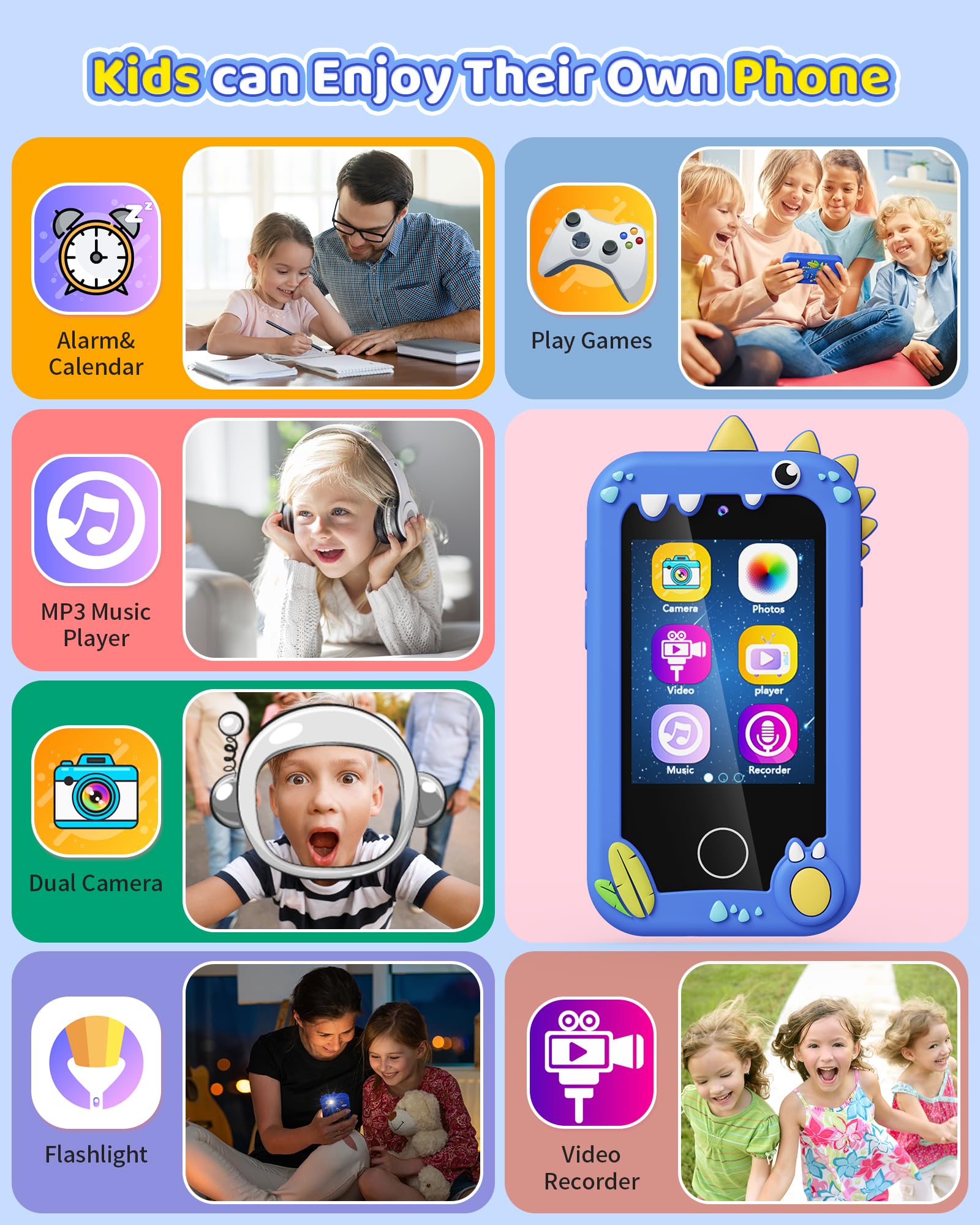 Kikapabi Kids Smart Phone dual camera for photos and videos.