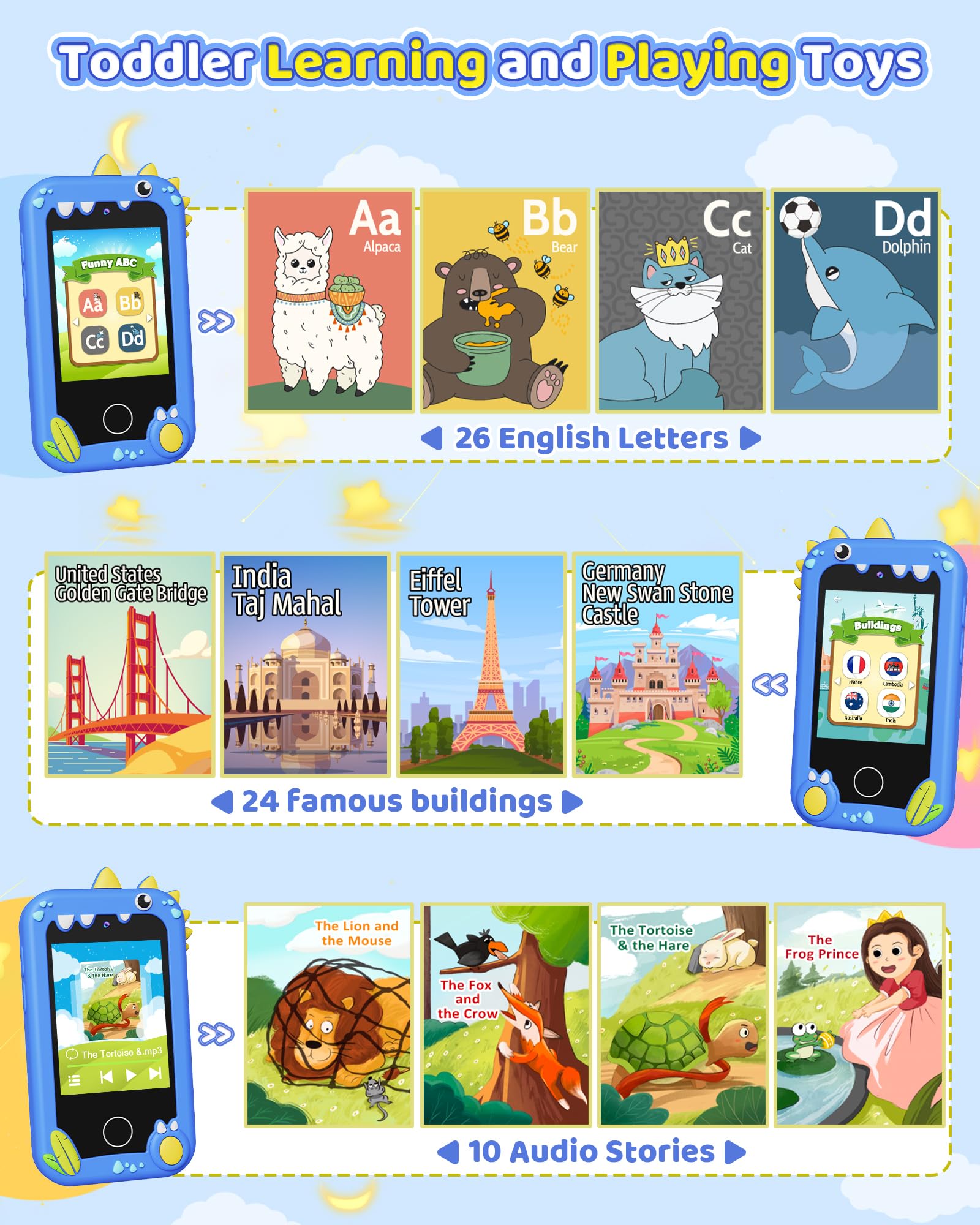 Kikapabi Kids Smart Phone includes wallpapers and games for learning fun.