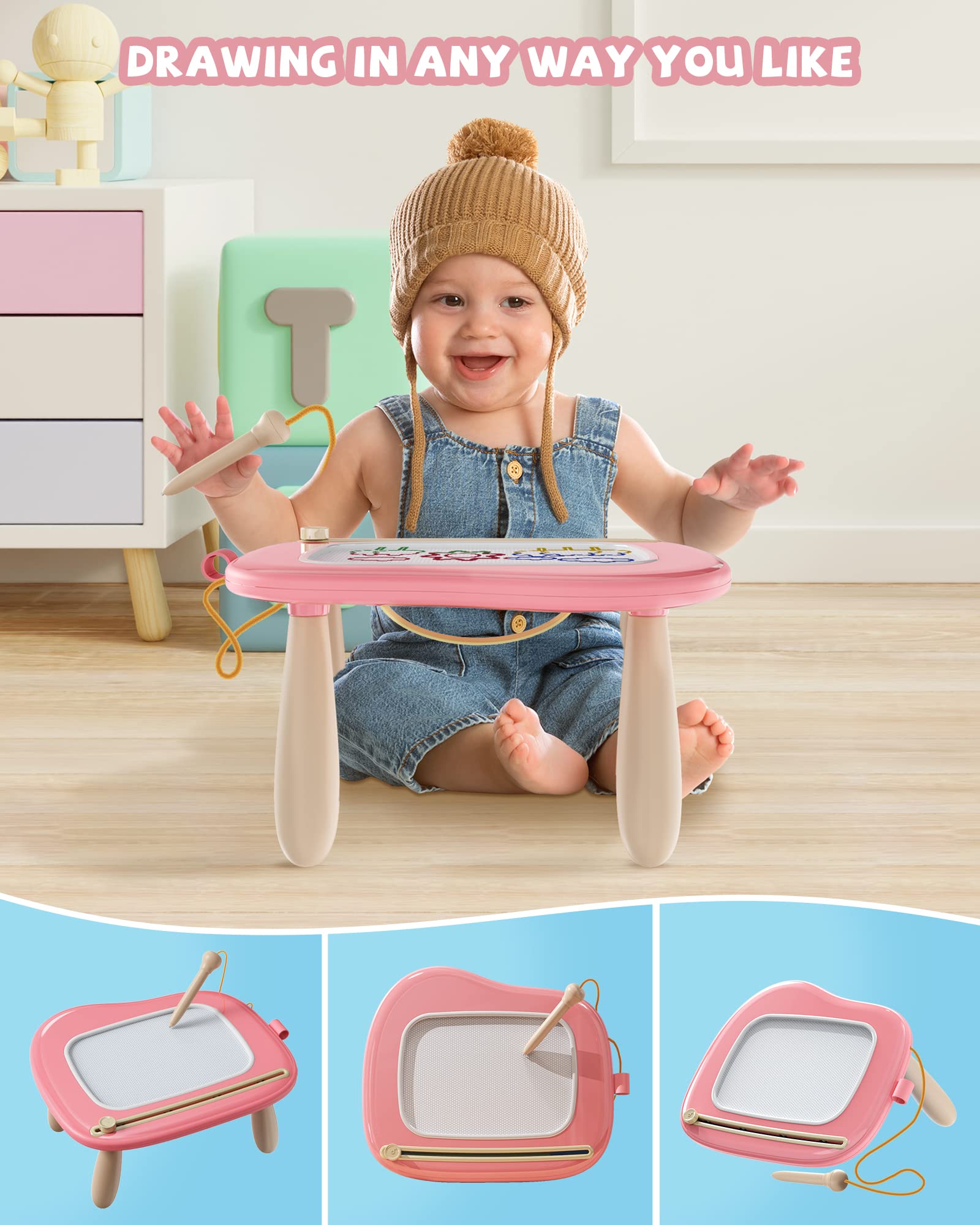 Kikapabi pink board shows stable detachable legs for safe toddler play