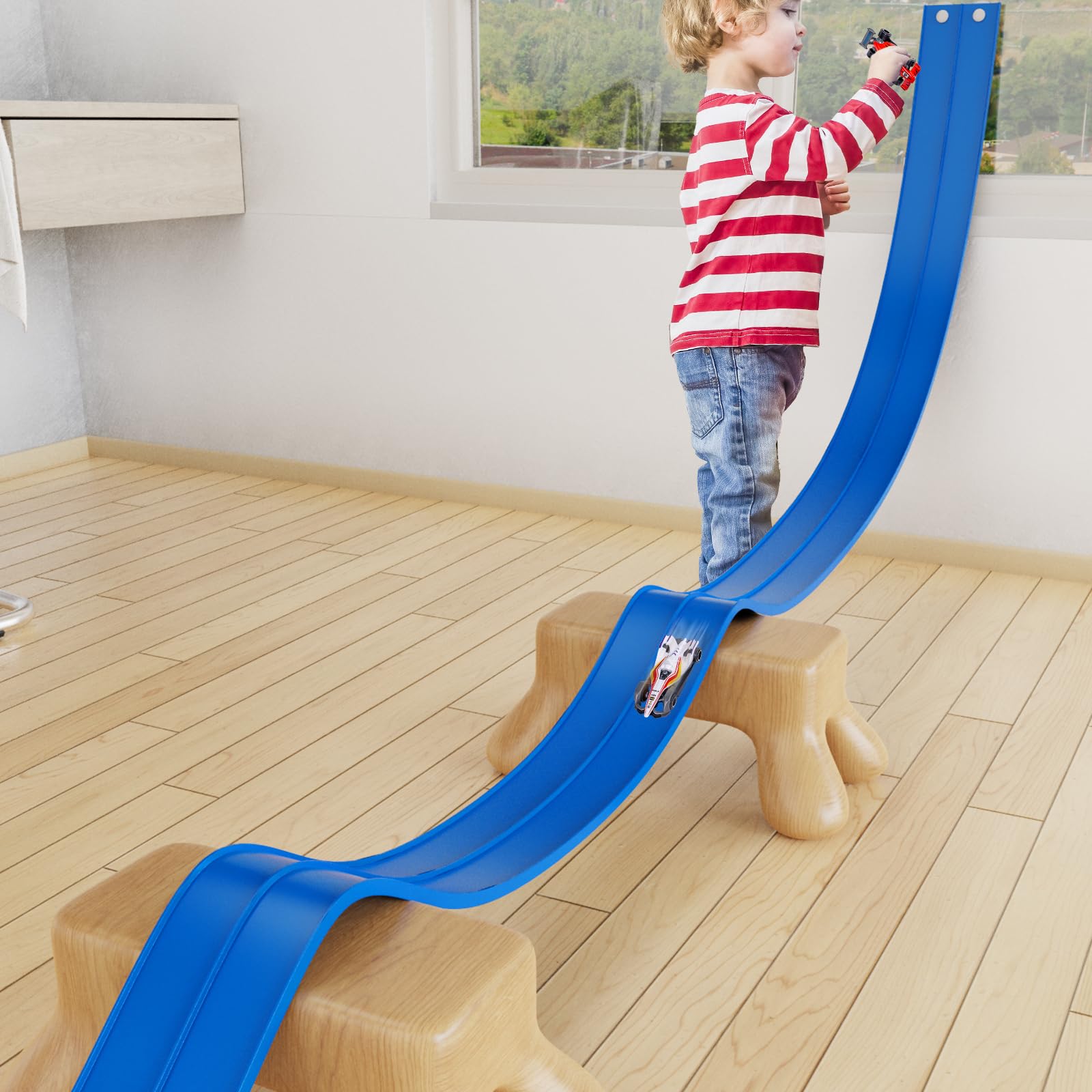 Kikikid suction cups secure the track on glass or tile for mess-free setup.