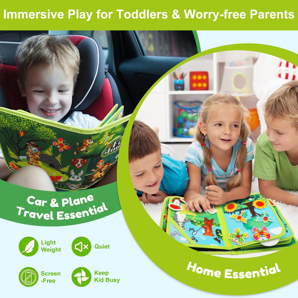 Kikiyaki Busy Book Forest pages open with tactile activities for tiny hands