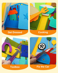 Kikiyaki Busy Book page storage hidden pocket keeps pieces organized on the go