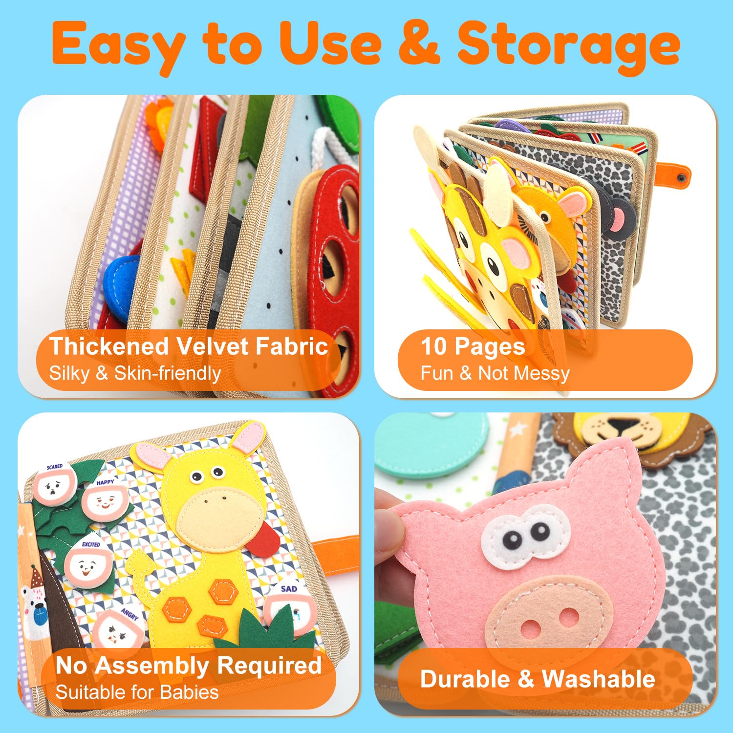 Kikiyaki Busy Book soft felt close-up highlights durable materials.