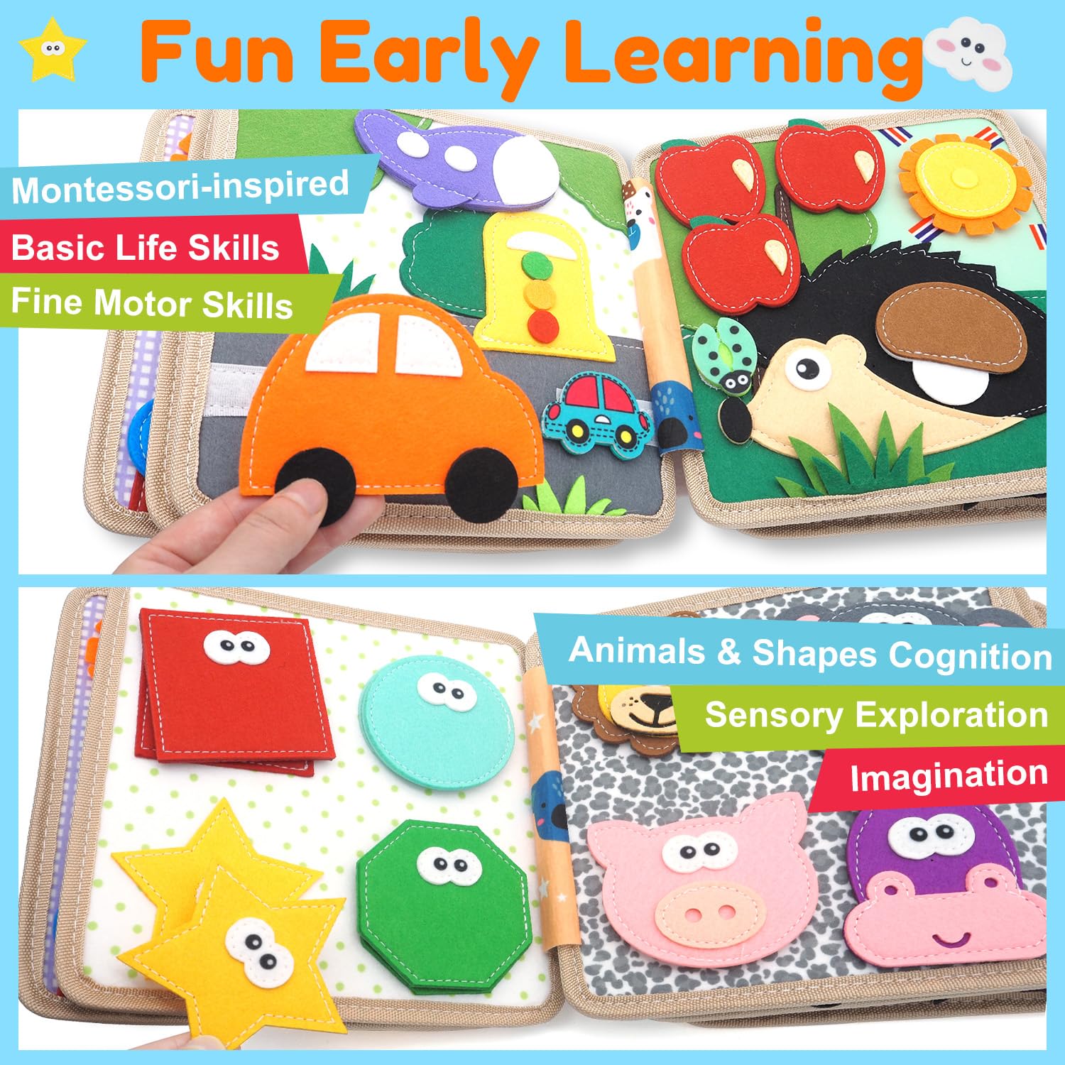 Kikiyaki Busy Book toddler playing demonstrates independent, screen-free activity.