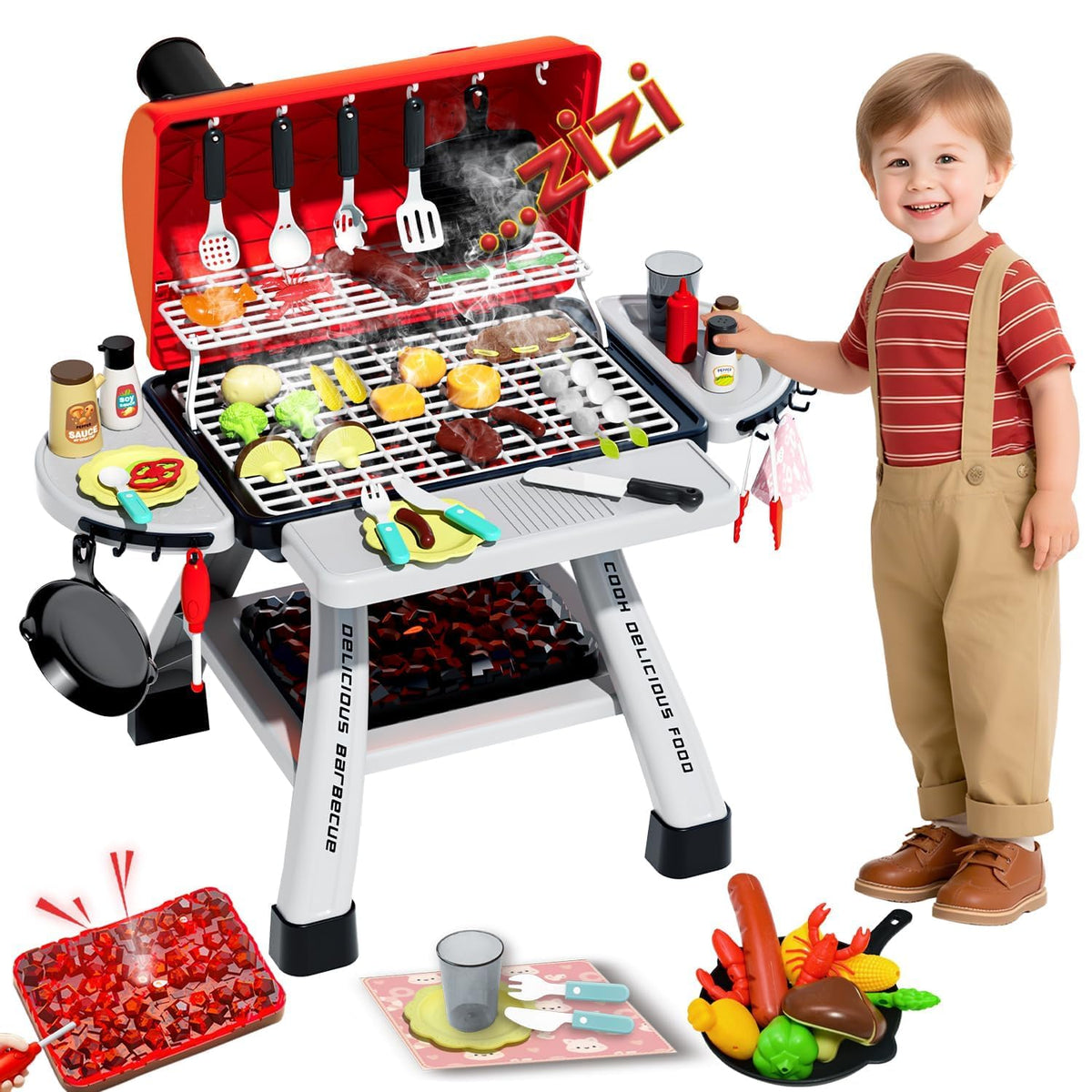 Kimicare kids BBQ grill playset with smoke and sound for immersive pretend cooking