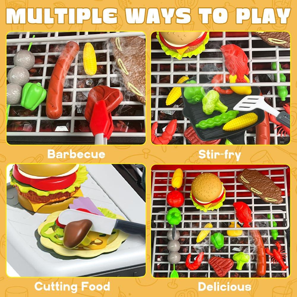 Kimicare Kids Grill Playset smoke and lights create immersive barbecue vibes.