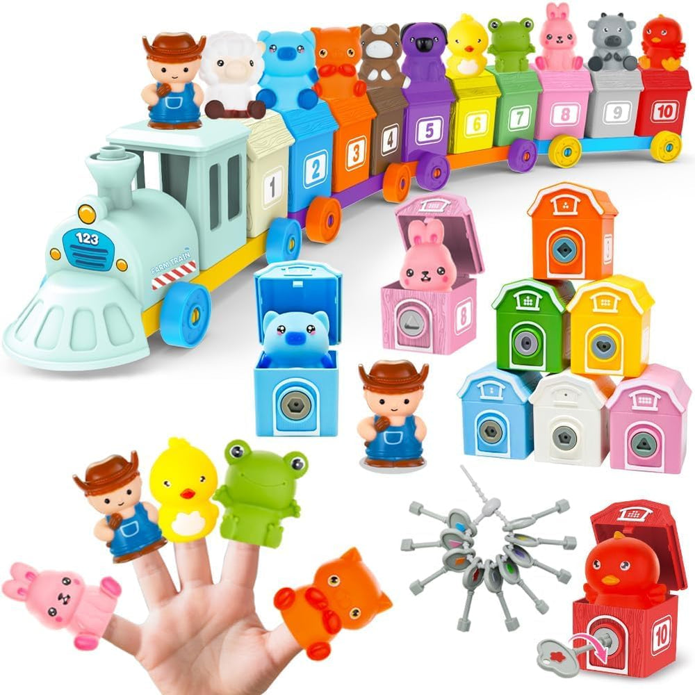 Kimicare farm train set with barns and keys enhances color and number recognition.