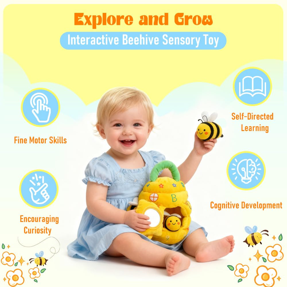Kimicare soft bees offer rattles and crinkles to engage early motor skills.