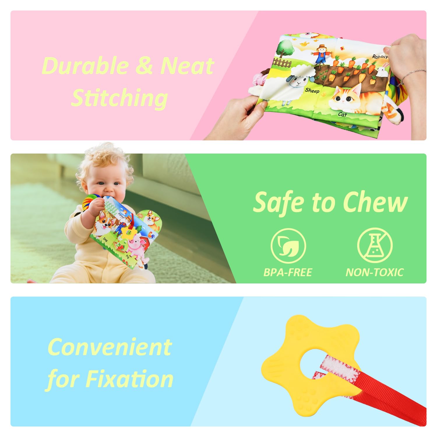 Kimicare clip-on strap keeps the book secure on stroller or crib.