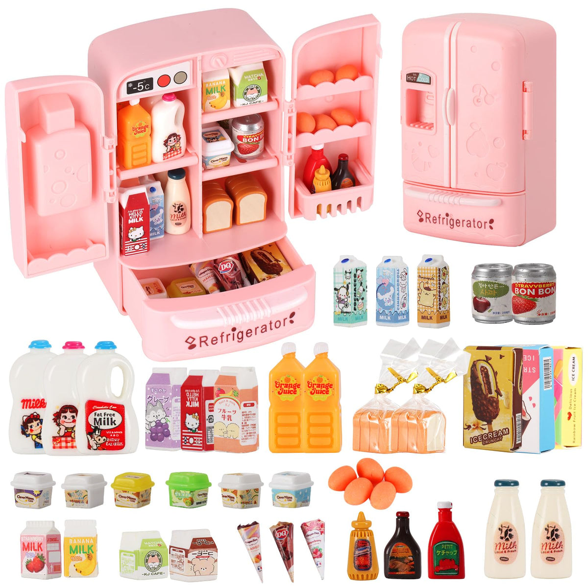 Kimo mini refrigerator toy with fridge shelves for organized pretend grocery shopping