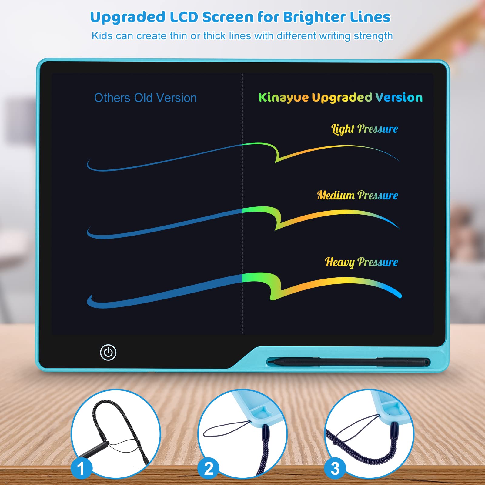 Kinayue rechargeable tablet with micro-USB for long playtime without disposable batteries.