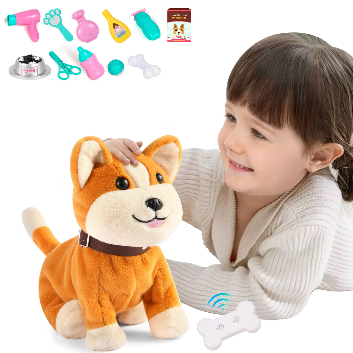 Kindenwinn interactive corgi plush toy walking during pretend play.