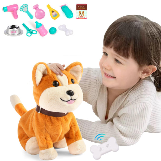 Kindenwinn interactive corgi plush toy walking during pretend play.