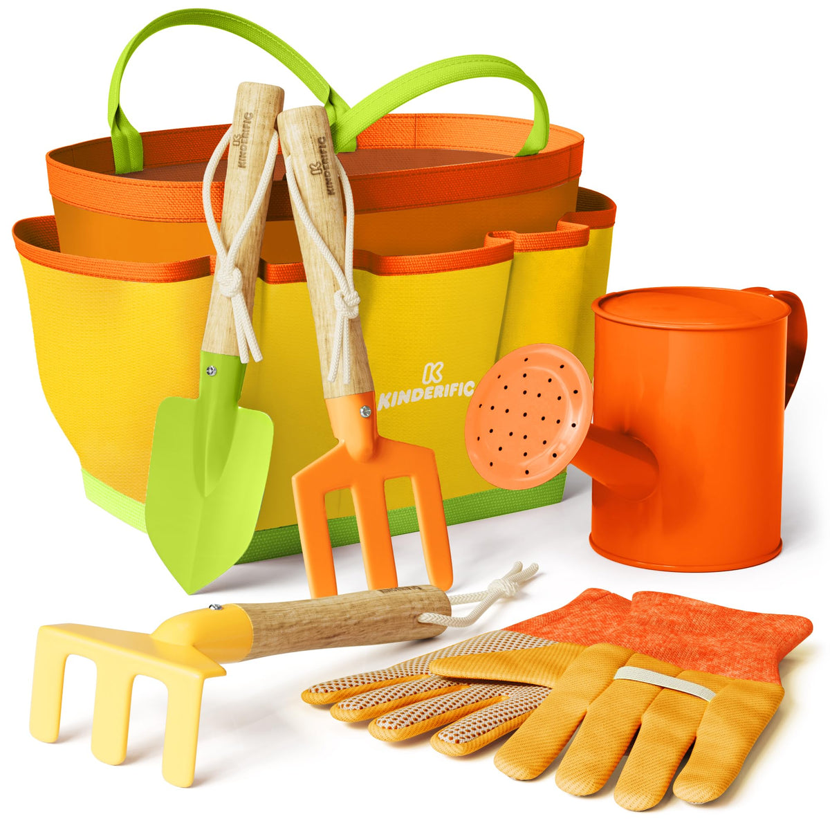 Kinderific Gardening Set tote bag keeps tools organized for kids' gardening.