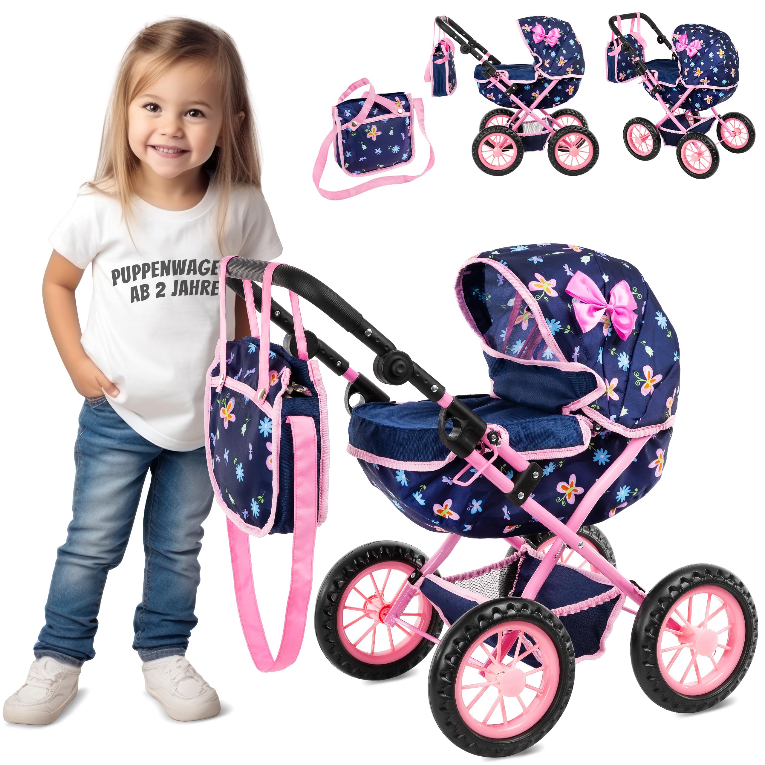 Kinderplay doll stroller base view with a roomy tub for up to 16-inch dolls.