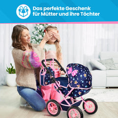 Kinderplay machine-washable fabric keeps the pram clean after play.