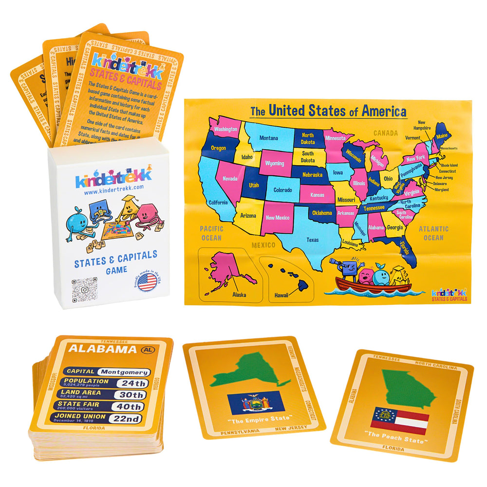 Kindertrekk USA States and Capitals flash cards cover showing colorful state cards for engaging learning