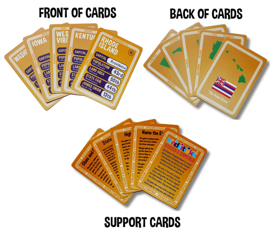 Kindertrekk USA States and Capitals flash cards spread layout with vibrant cards for family study