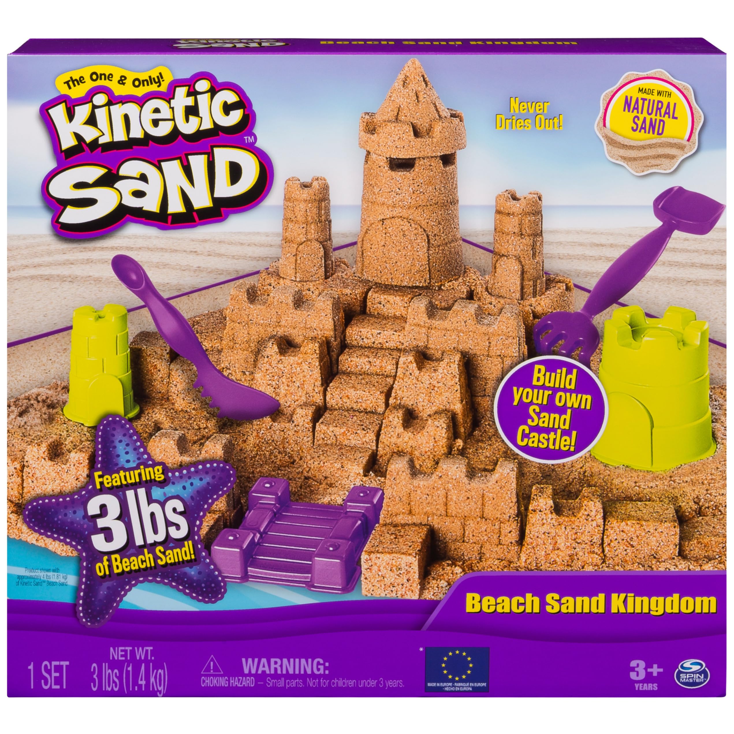 Kinetic Sand Beach Sand Kingdom packaging doubles as a portable play space for quick setup