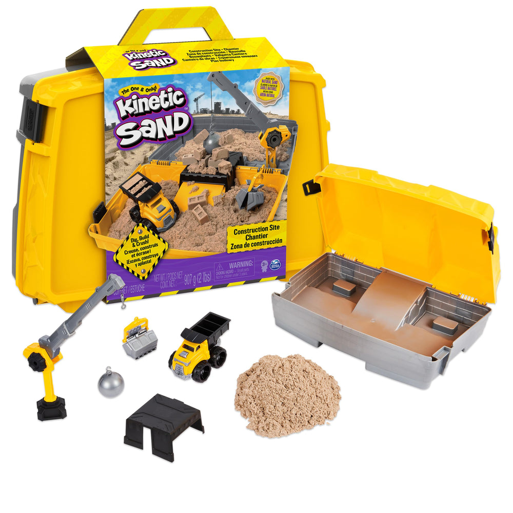Kinetic Sand Construction Site folding sandbox; portable play space for on-the-go creativity.