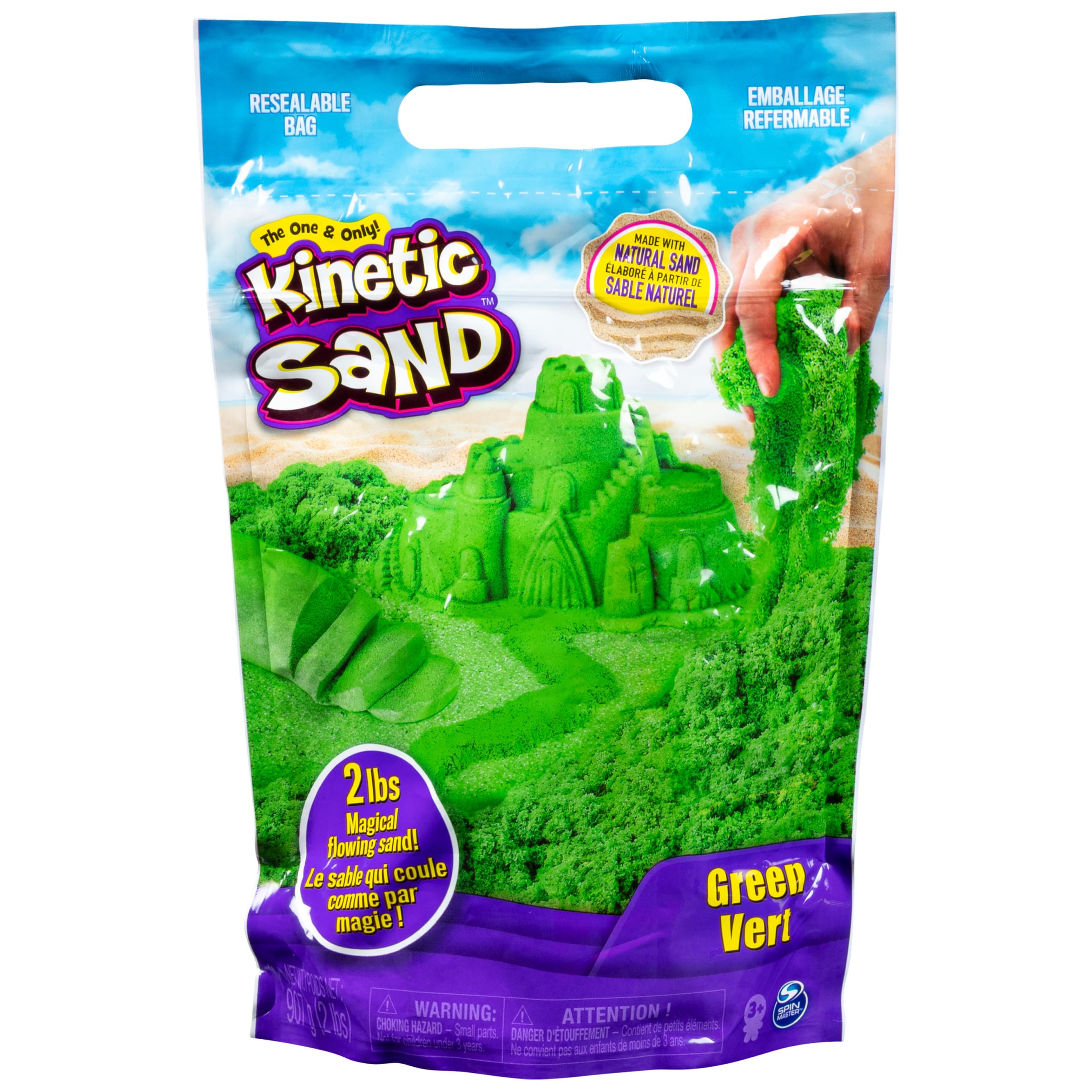 Kinetic Sand green 2lb bag for sensory play and easy cleanup.