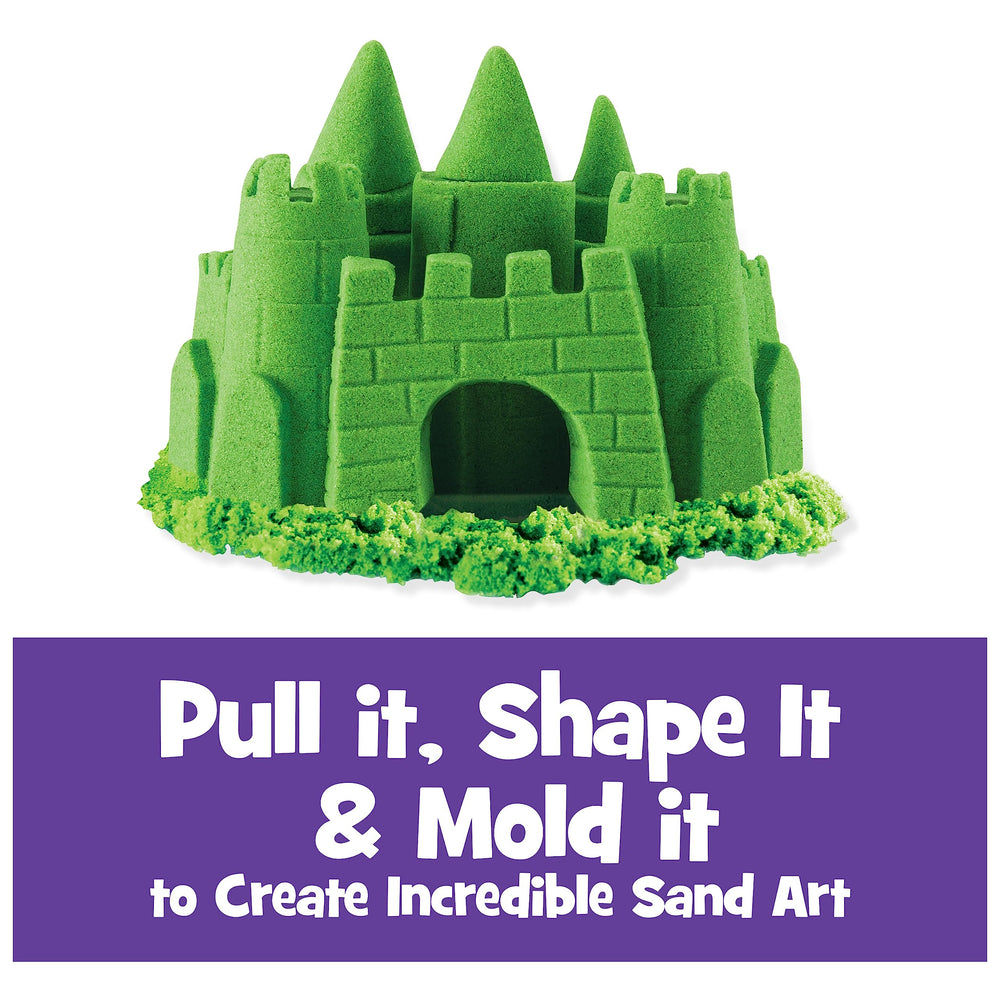 Kinetic Sand green, kids molding hands, tactile creativity in action.