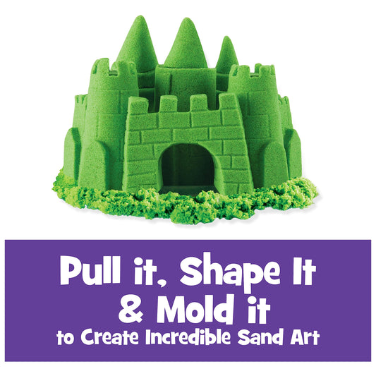 Kinetic Sand green, kids molding hands, tactile creativity in action.