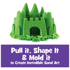 Kinetic Sand green, kids molding hands, tactile creativity in action.