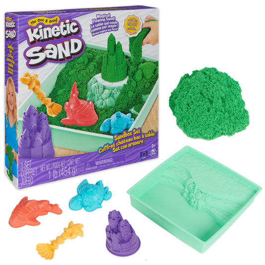 Kinetic Sand Sandbox Set with 1lb Green Sand for tactile, endless molding and play