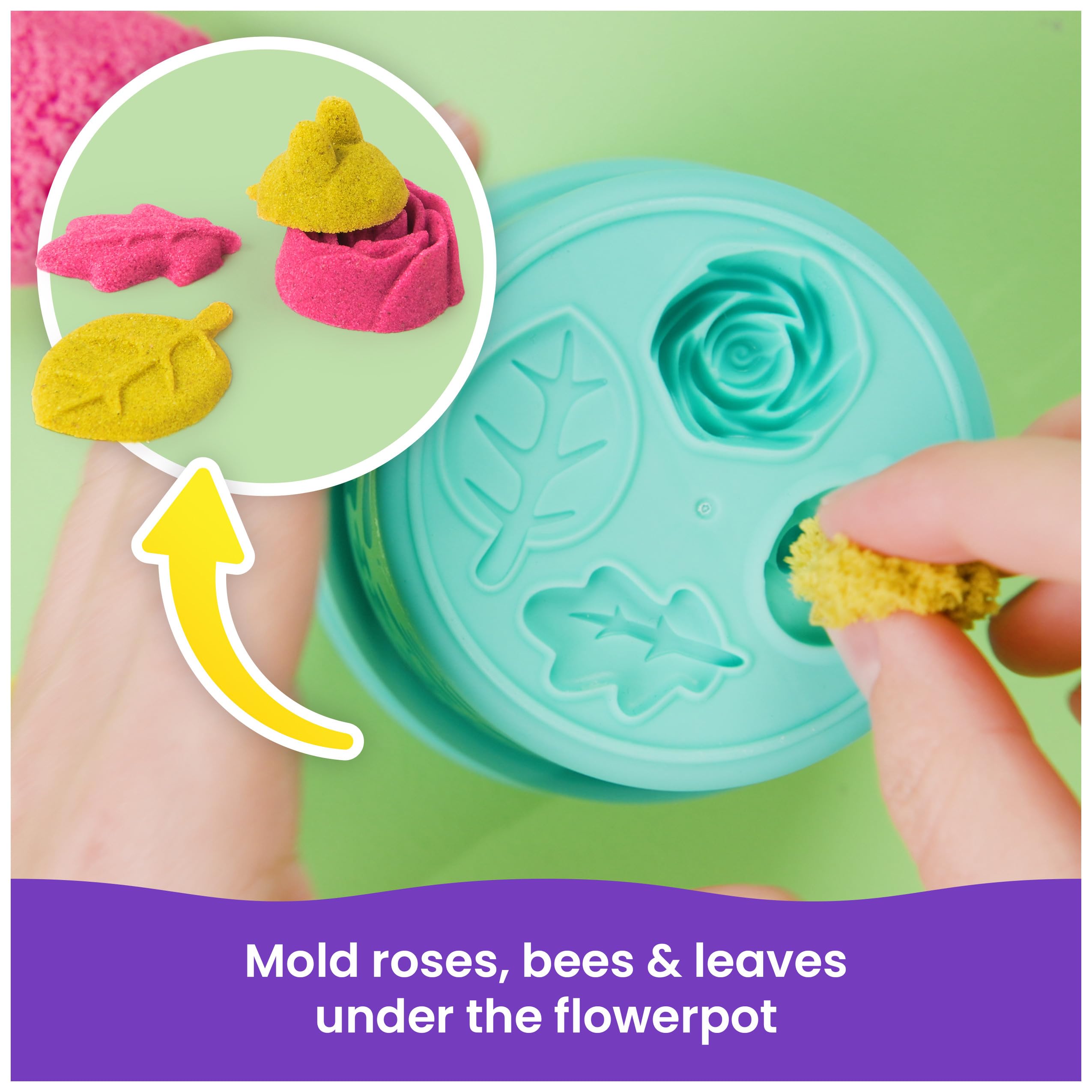 Kinetic Sand SquishBlossom foam stamping demonstrates blooming flowers in seconds