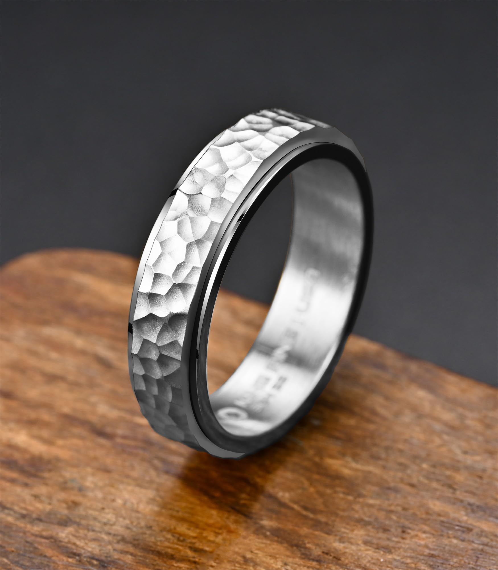 King Ring 6mm hammered spinner ring side view showing durable stainless steel