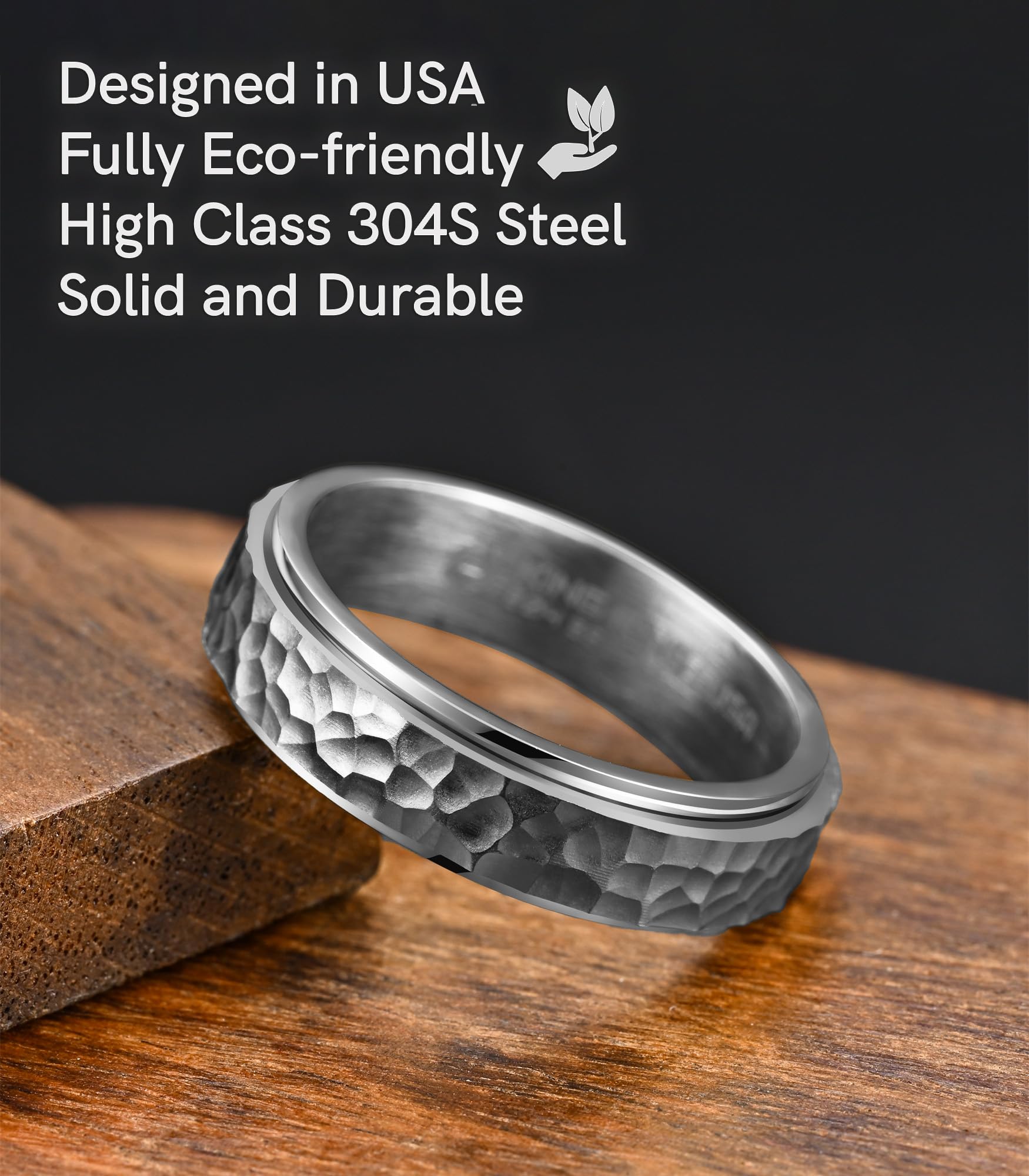 King Ring 6mm hammered spinner ring closeup with mirror finish and texture