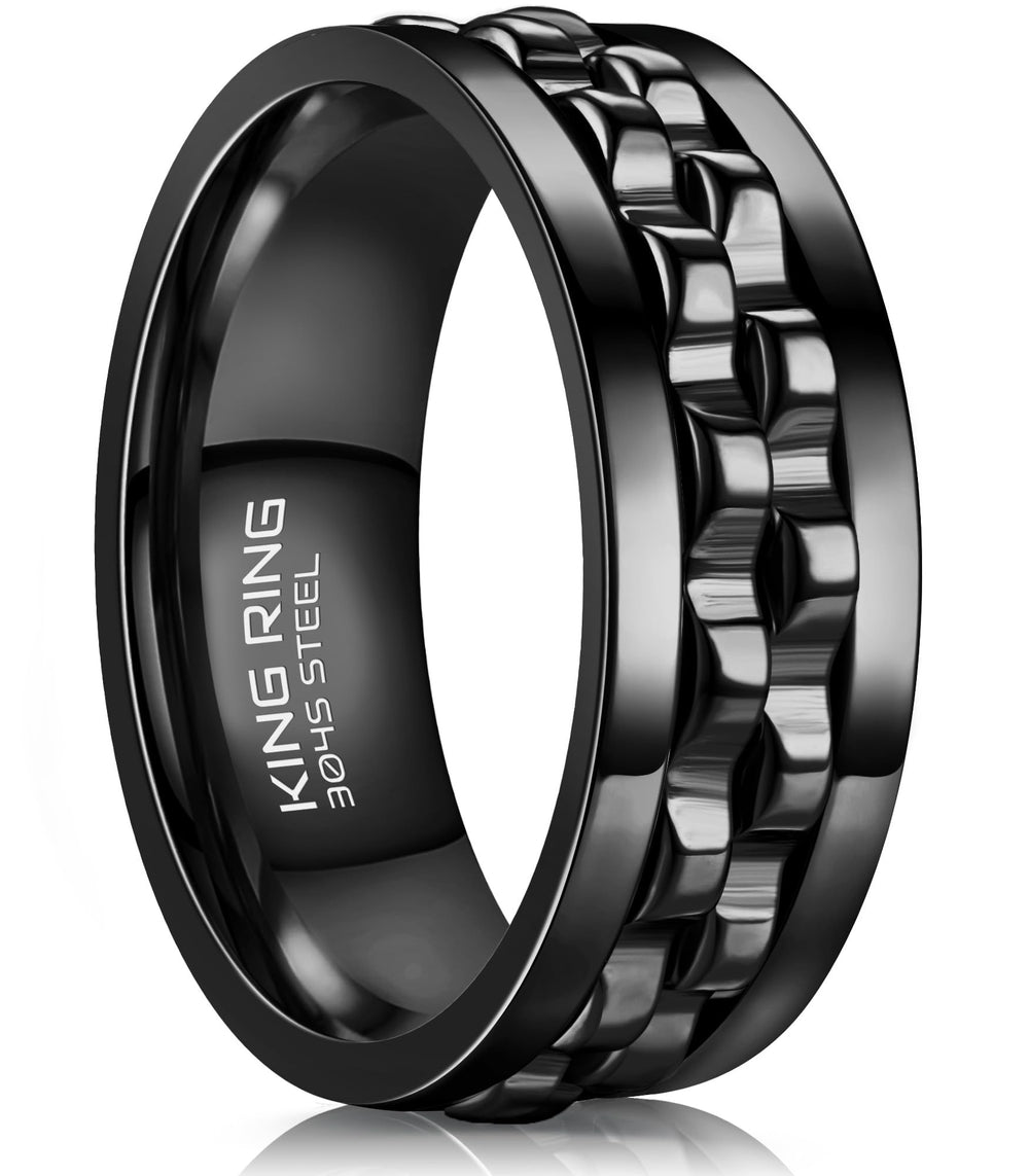 King Ring 8mm gear-spinner ring in black, ready for daily wear and subtle fidget relief.
