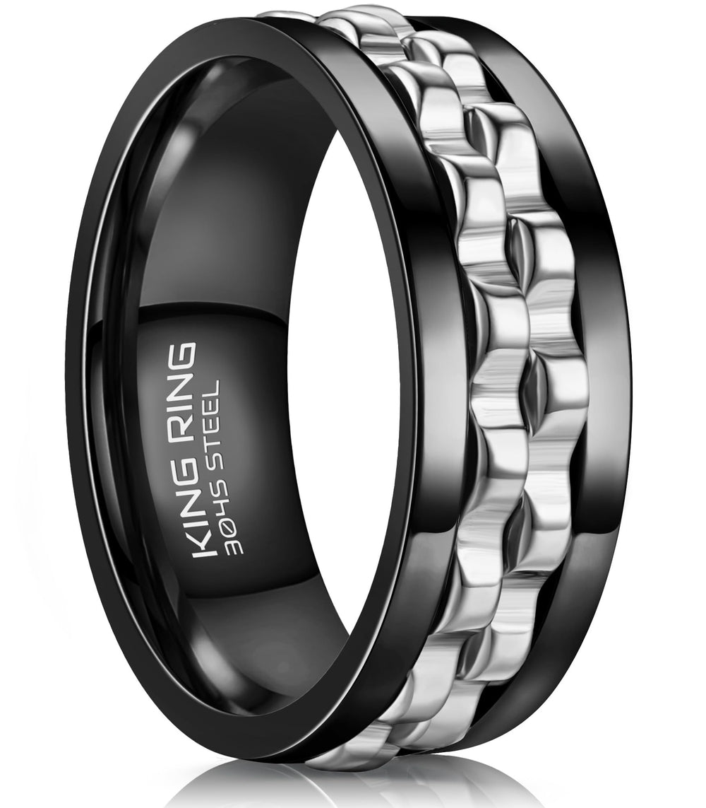 King Ring 8mm gear spinner ring in black-silver, front view, smooth spin for focus