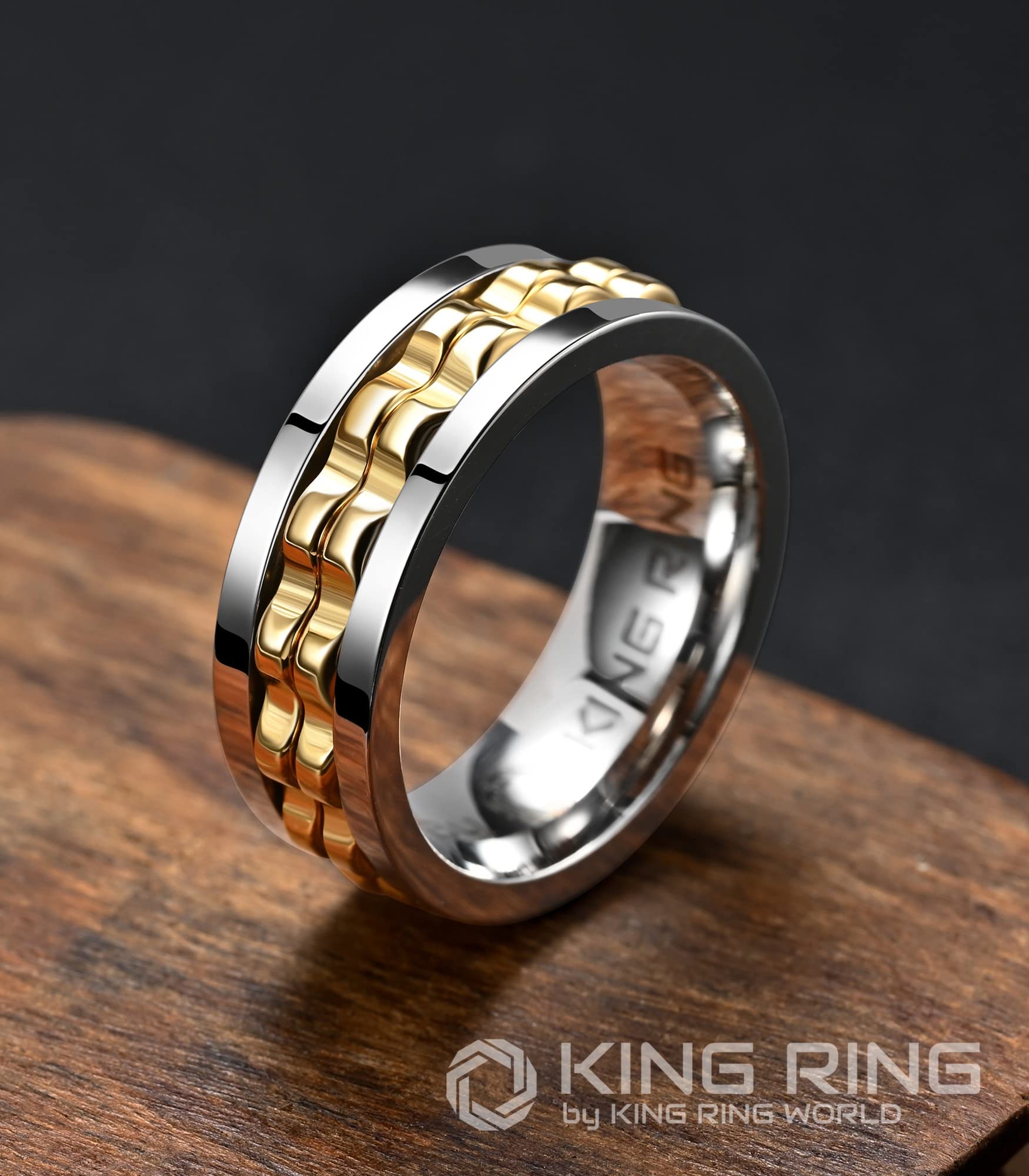 King Ring 8mm gear spinner ring in gold, durable and hypoallergenic.