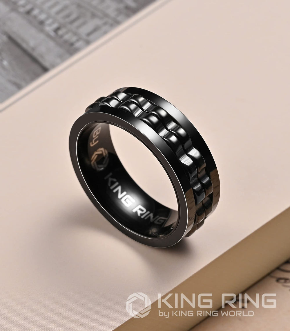 King Ring gear-spinner ring demonstrates smooth spin and modern masculine styling.