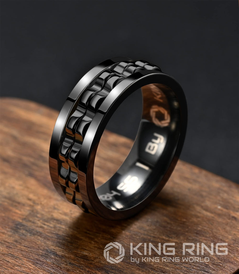 Close-up of King Ring ultra-polished stainless steel gear-spinner for durability.